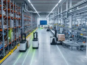 AGVs working autonomously in warehouse