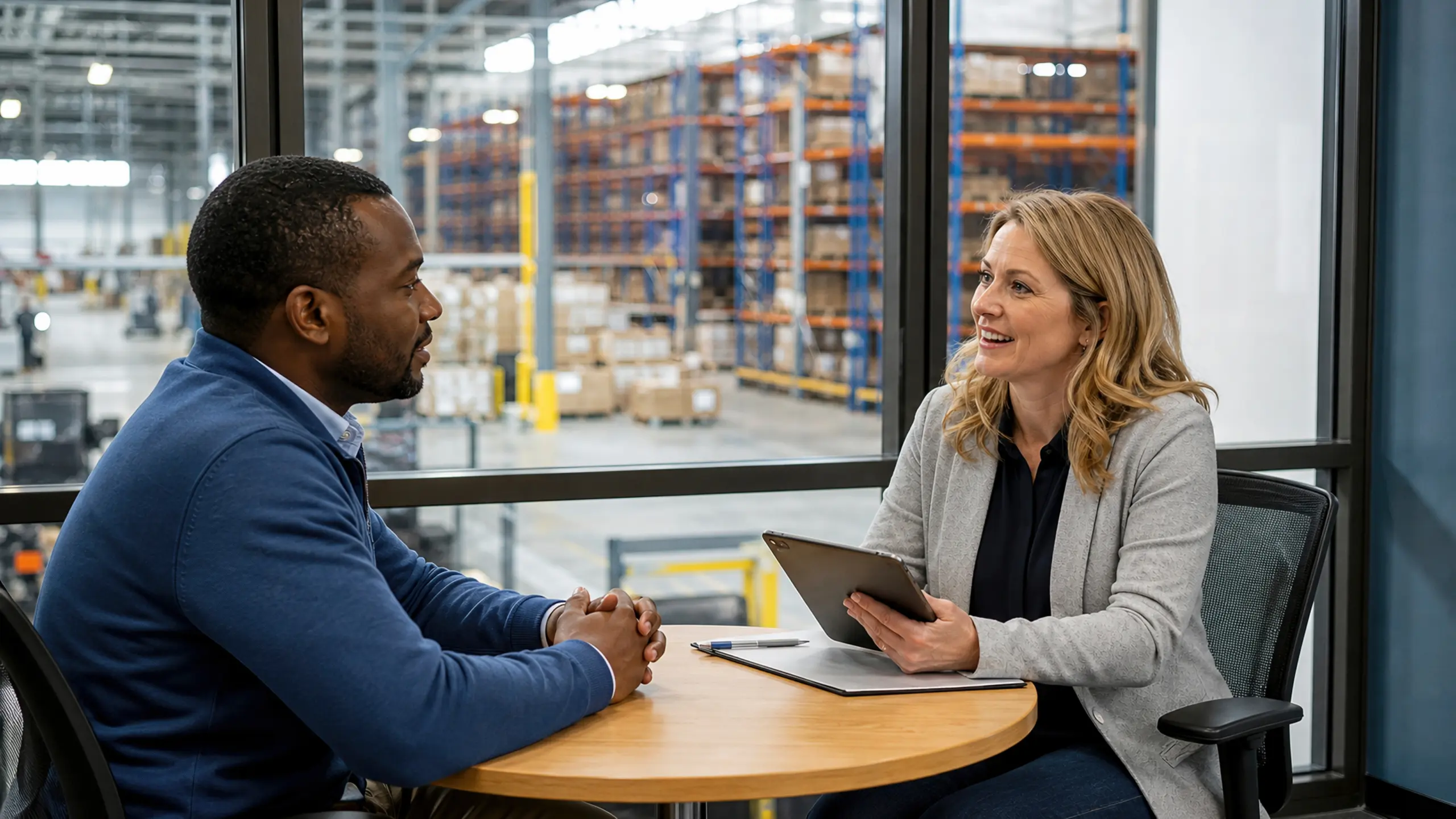 Professional woman with tablet interviewing black male job candidate or partner in an office overlooking a large industrial warehouse distribution center