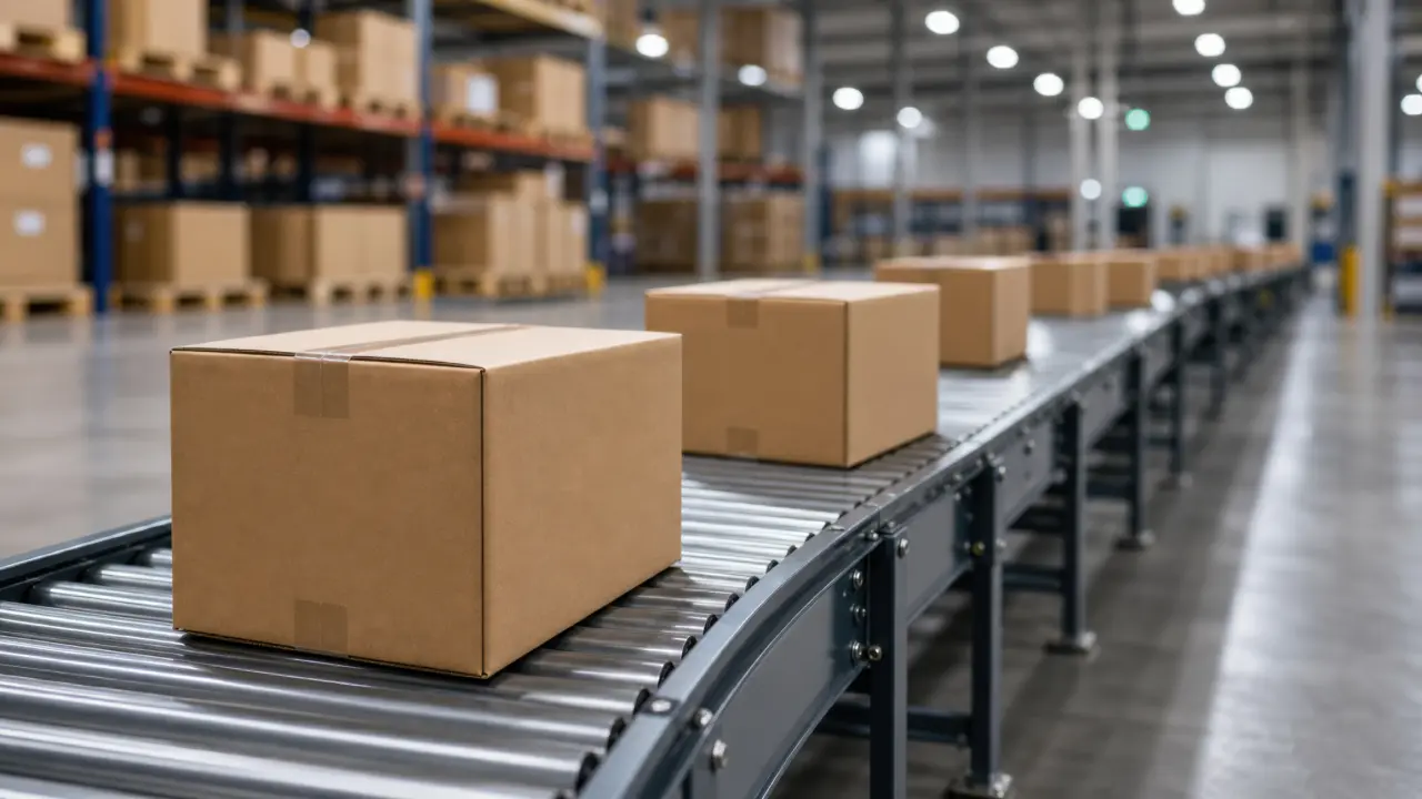 Boxes moving on a conveyor belt in a warehouse during the daytime for sorting and distribution